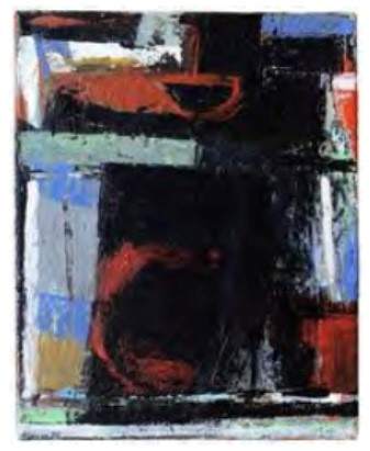 Night Crawler by Peter Ramon  Image: Alt text long description: The image is an abstract painting composed of various geometric shapes and bold colors. The canvas is dominated by a large black area near the center, bordered by a mix of vibrant hues including red, blue, white, and green. Thick brush strokes create a layered texture across the surface. The top left features a segment of burnt orange, while the bottom area contains lighter shades of blue and green. The edges of the painting are uneven, adding to the dynamic and chaotic feel of the artwork. Note: the alt text was written with support from the ASU Image Accessibility Creator AI tool. 