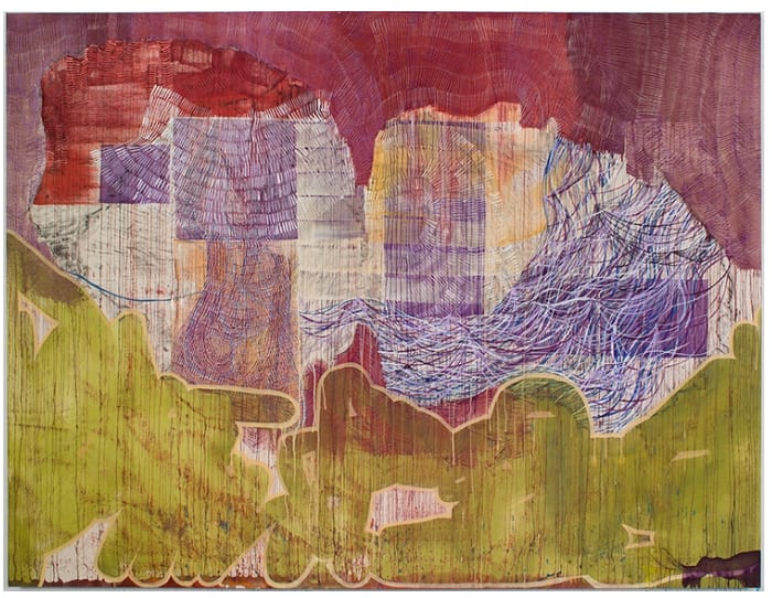 One on One by Alyse Rosner  Image: Alt text long description: The image is an abstract painting combining a variety of textures and colors. The upper part of the painting features large patches of deep reds and browns, with visible brushstrokes creating a textured effect. Towards the center, there are rectangular sections in muted tones of lavender, beige, and white, reminiscent of woven patterns with fine lines intersecting vertically and horizontally. Overlaying these sections are dynamic swirling lines in shades of purple and blue. The lower portion of the painting features organic, irregular shapes in olive green, creating a contrast against the vibrant background. Overall, the composition is dynamic, with a blend of geometric and organic elements. Note: the alt text was written with support from the ASU Image Accessibility Creator AI tool. 