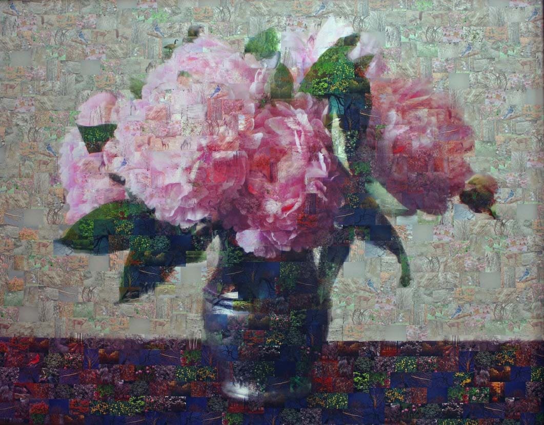 Peony Bouquet by Mary Close Oppenheimer  Image: Alt text description: The image is a digitally manipulated artwork that portrays a bouquet of large pink peonies in a glass vase. The flowers are the central focus, occupying most of the upper half of the artwork. They are shown in vivid pink hues with intricate details of petals delicately layered and overlapping. The vase is transparent, reflecting light, and situated on a dark surface. Behind the bouquet is an intricate background composed of a mosaic of smaller images or patterns, subtly visible through the transparent sections of the flowers and vase. These smaller images have varied greens, blues, and browns, which appear to depict elements of nature such as trees and foliage, blending seamlessly with the floral subject. Note: the alt text was written with support from the ASU Image Accessibility Creator AI tool. 