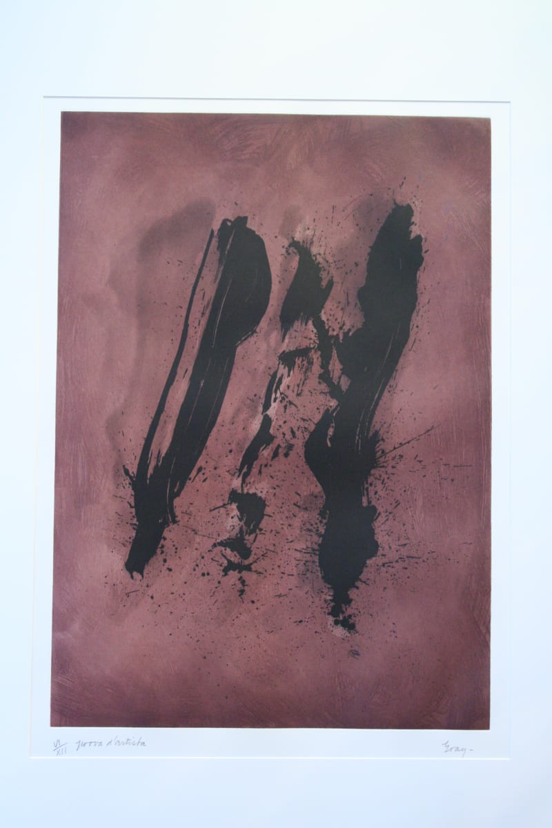 Roman Walls by Cleve Gray  Image: Alt Text Long Description: An abstract print with a textured background in deep reddish-brown tones. Two prominent, sweeping black brushstrokes dominate the piece, creating a bold contrast against the background. These brushstrokes appear vertical and slightly diagonal, suggestive of dynamic motion. Surrounding the main strokes, there are smaller splatters and blotches of black, adding a sense of spontaneity to the composition. The print is framed with white matting, giving it a clean, finished appearance. Note: the alt text was written with support from the ASU Image Accessibility Creator AI tool.