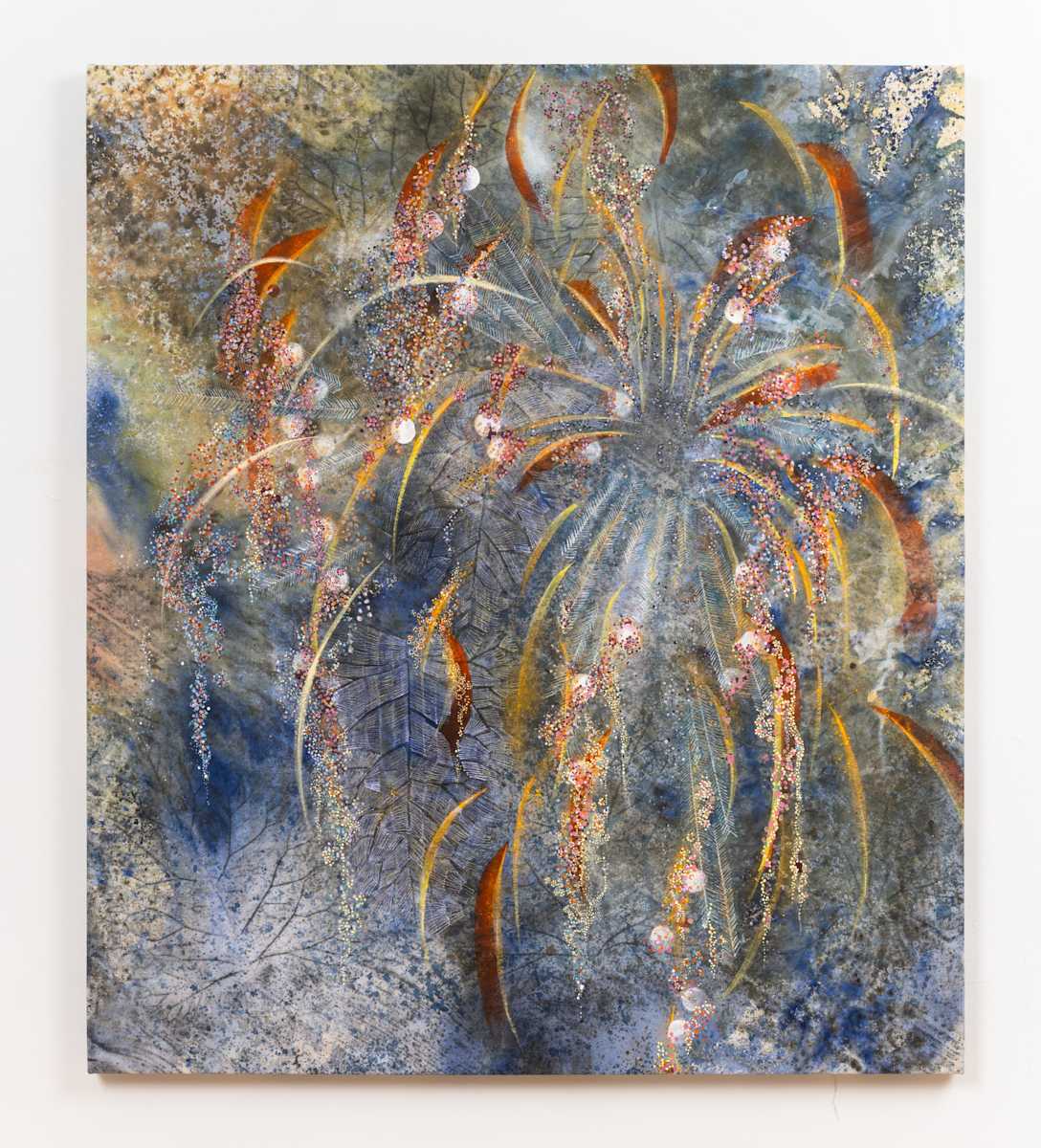 Remember the Sky by Alyse Rosner  Image: Alt text long description: A vibrant abstract painting featuring dynamic, swirling patterns. Dominant colors include deep blues, earthy browns, and bright oranges, which blend together to create a complex texture. The composition centers around an explosion-like formation, with curved, brushstroke elements radiating outward. Fine, feather-like details interlace with the main shapes, adding delicate nuances to the artwork. Small, circular clusters of pink and white give a sense of movement and embellishment throughout the piece. The background varies in tone, adding depth and enhancing the vibrant foreground elements. Note: the alt text was written with support from the ASU Image Accessibility Creator AI tool.