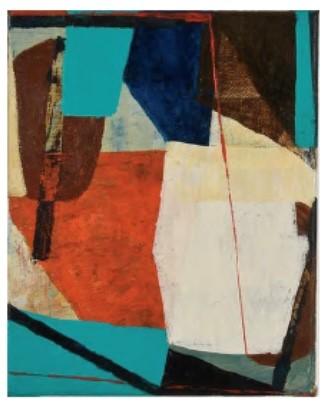 Solo by Peter Ramon  Image: Alt text long description: The abstract painting is composed of various geometric shapes and a mix of bold colors. Predominantly, the painting features large blocks of teal, terracotta, and creamy white, with additional accents of dark brown, black, and deep blue. These colors are arranged in an overlapping and interlocking fashion. A thin red line runs vertically near the center-right, creating a line of contrast against the larger shapes. The shapes are mostly angular, with sharp edges and irregular forms, contributing to a dynamic and textured composition. The background shows areas with a mix of lighter shades, blending softly into the brighter segments. Note: the alt text was written with support from the ASU Image Accessibility Creator AI tool. 