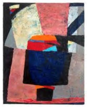Striker by Peter Ramon  Image: Alt text long description: The image is an abstract painting featuring geometric shapes in a variety of colors. Dominating the center is a large dark blue rectangular shape with irregular edges. Above it, there is a striking red triangle, next to a smaller lighter blue triangle, and a curved orange form. Surrounding these are patches of pink, black, and grey, contributing to a collage-like appearance. The background consists of a mix of light and dark shades, with visible brushstrokes and texture. The overall composition is dynamic, with contrasting colors and overlapping forms creating visual interest. Note: the alt text was written with support from the ASU Image Accessibility Creator AI tool. 
