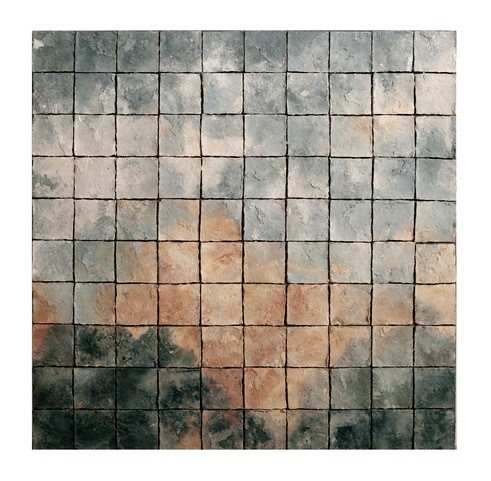 Sunrise by Elizabeth MacDonald  Image: Alt Text Long Description: A grid of square tiles arranged in a 10x10 pattern. Each tile has a textured surface with variations in color and shading. The colors range from muted grays and blues at the top to earthy browns and oranges toward the center and bottom, creating a subtle gradient effect. The tiles appear worn and uneven, with some tiles displaying more prominent textures and color variations. The overall composition gives an impression of a weathered mosaic. Note: the alt text was written with support from the ASU Image Accessibility Creator AI tool.