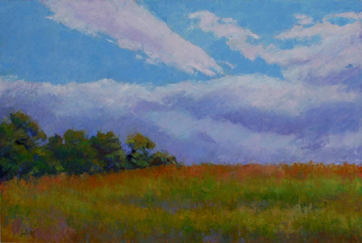 The Field by Joan Jardine  Image: Alt text long description: A landscape painting featuring a field and a dramatic sky. The lower half of the painting showcases a grassy field with shades of green and hints of yellow and red, suggesting a variety of wildflowers. The left side of the field is bordered by a group of dark green trees with irregular shapes. Above, the sky occupies the majority of the painting and is filled with large, sweeping clouds in hues of lavender and white against a bright blue background. The brushwork is soft, giving the clouds a fluffy appearance, and the overall tone is serene and peaceful. Note: the alt text was written with support from the ASU Image Accessibility Creator AI tool. 