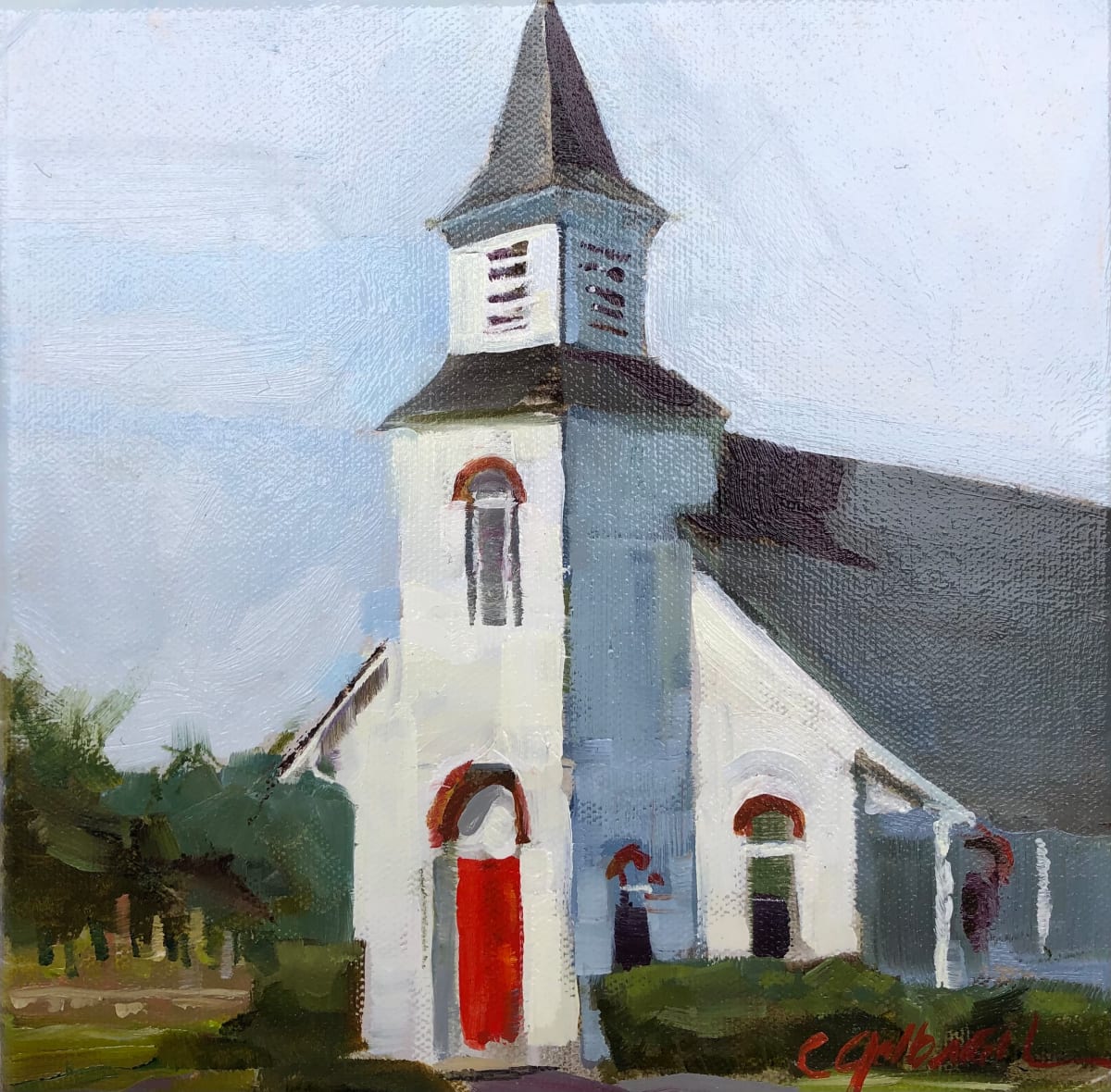 St. James Lutheran, Birdsboro PA  Image: Looking for stuff to paint in Geigertown. My husband had spied a graveyard of old trains, and heavy equipment. He scouts while out riding his bike. I liked the way the light was cast on the church. This is a Lutheran church. 