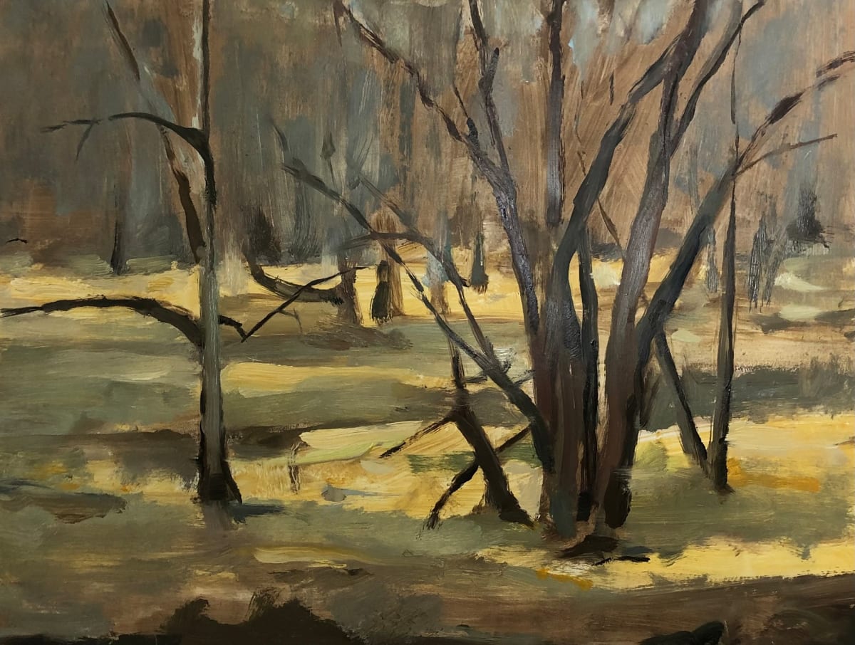 Across the Way by Cary Galbraith  Image: This piece was painted at The Brandywine River Museum in Chadds Ford Pennsylvania. Artists were invited to paint the outdoors from indoors looking through the huge glass walls overlooking the Brandywine River. This is an excellent opportunity for me because I am opposed to the cold. I would love to paint plein air snow scenes however I can’t unless I’m inside looking out. There was no snow this day in February so I painted what I saw, looking across the river to the woods beyond.