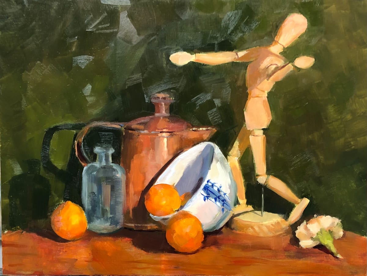 Let's Dance by Cary Galbraith  Image: The items are static and sitting still. The figure is ready to go, showing movement and energy among the objects. 