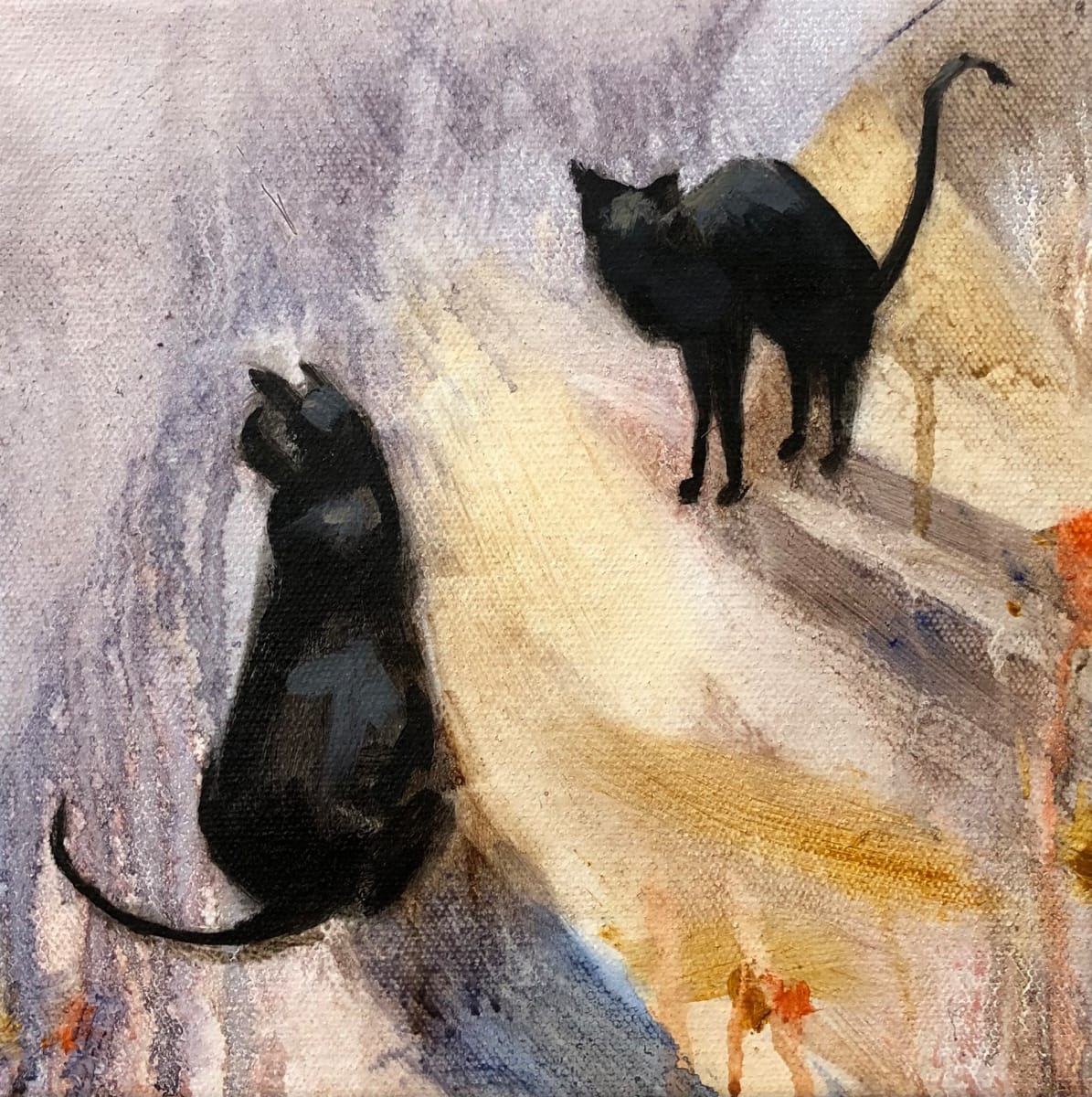 Cats by Cary Galbraith  Image:  
Cat on the right, is caught by surprise, raising its back in defense.
 
Cat on the left knows, it’s got the advantage.