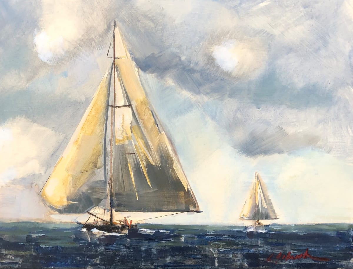 Contenders by Cary Galbraith  Image: Two American Cup contenders, match racing on the downwind leg. 
These legendary sailboats stand the test of time. Some are still sailing today. They were designed and built in 1930’s to compete in the The Americas Cup, the most sought after trophy in sailing to this day.
