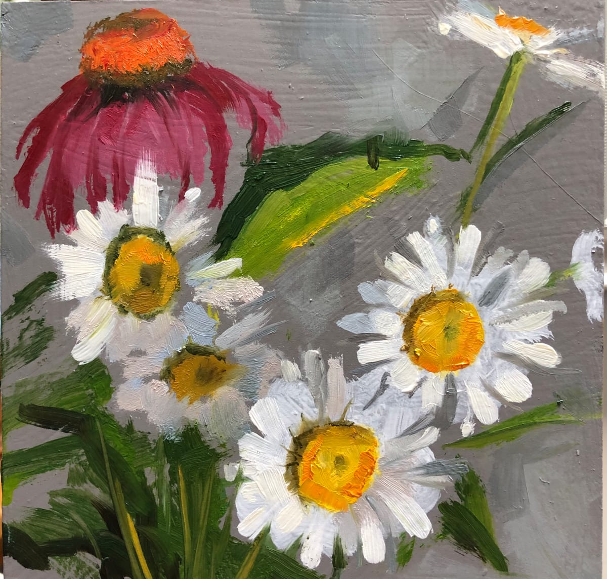 He Loves Me! by Cary Galbraith  Image: ​These are perennial flowers. They grow in my garden every year. When they are in a vase they always look somewhat scraggily. Instead of including the vase and the whole bouquet I chose to paint just a few. There is always interesting shapes and colors with flowers. One blocks another from view. One catches the light while shading another. I was intrigued by the color of the cone flower petals but more so the color of the center seed cone.