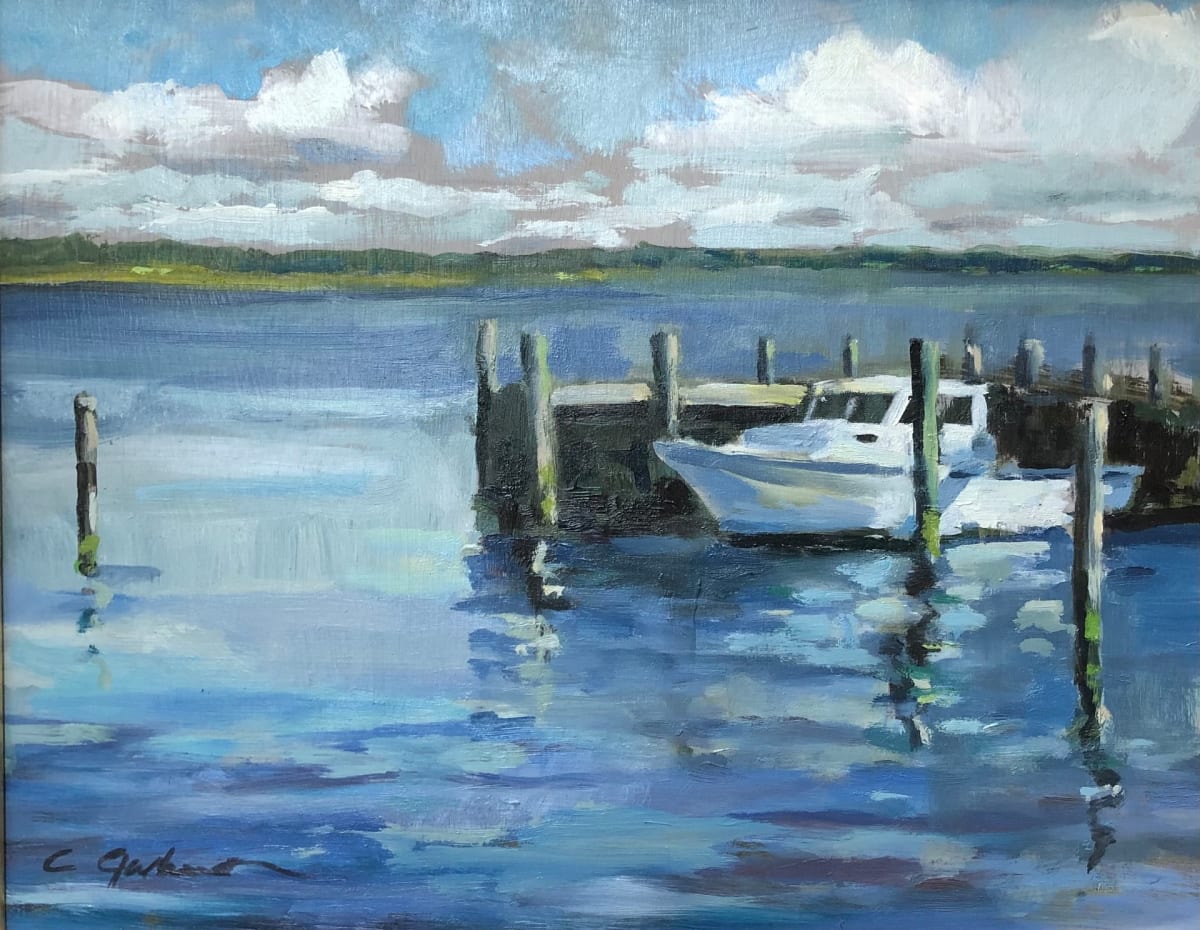 Dock on the Bay by Cary Galbraith  Image: It was a bright morning. The bay was quite and calm. This little skiff sat waiting, tied securely to the inner dock. The rippling water is always changing. While painting this piece I could hear the sound of the water lapping against the bulk head.