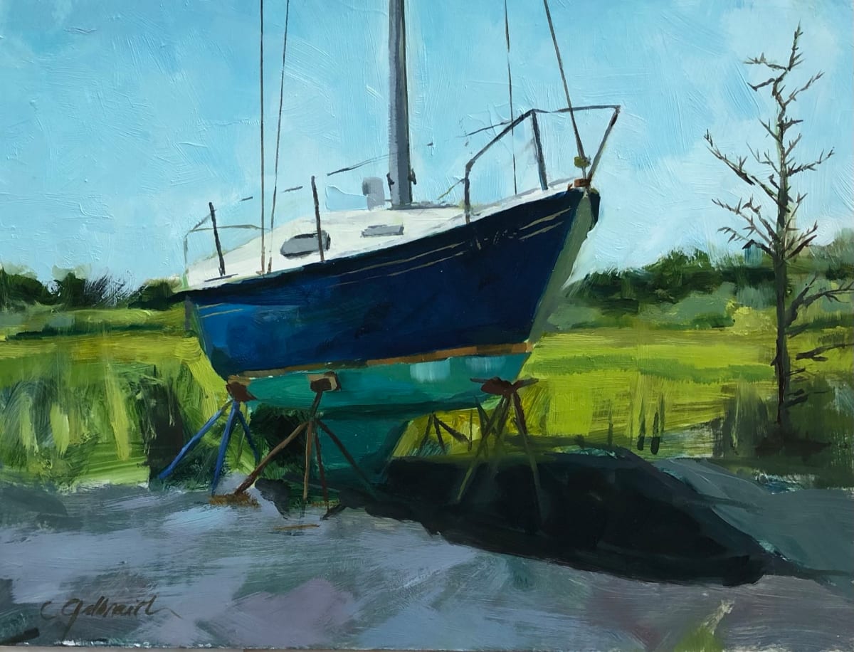 Dry Dock by Cary Galbraith  Image: Somers Point NJ is across the bay from Ocean City. This sailboat sat in its shadow the morning I painted it.
