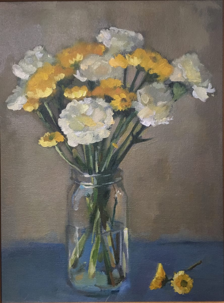 Ball Jar with Yellow and White  Image: White carnations and yellow mums in a simple ball jar.