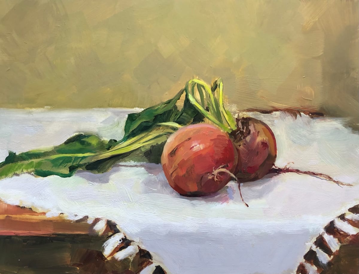 Beets Anyone?  Image: These are golden beets and the first time I purchased them. They are way less messy than the infamous deep red beets which I love. I like to bake them in tin foil like a baked potato. They can then be added to salads or I just eat them with rice vinegar and olive oil. This painting was juried into the American Impressionist Society Online Exhibition 2021.