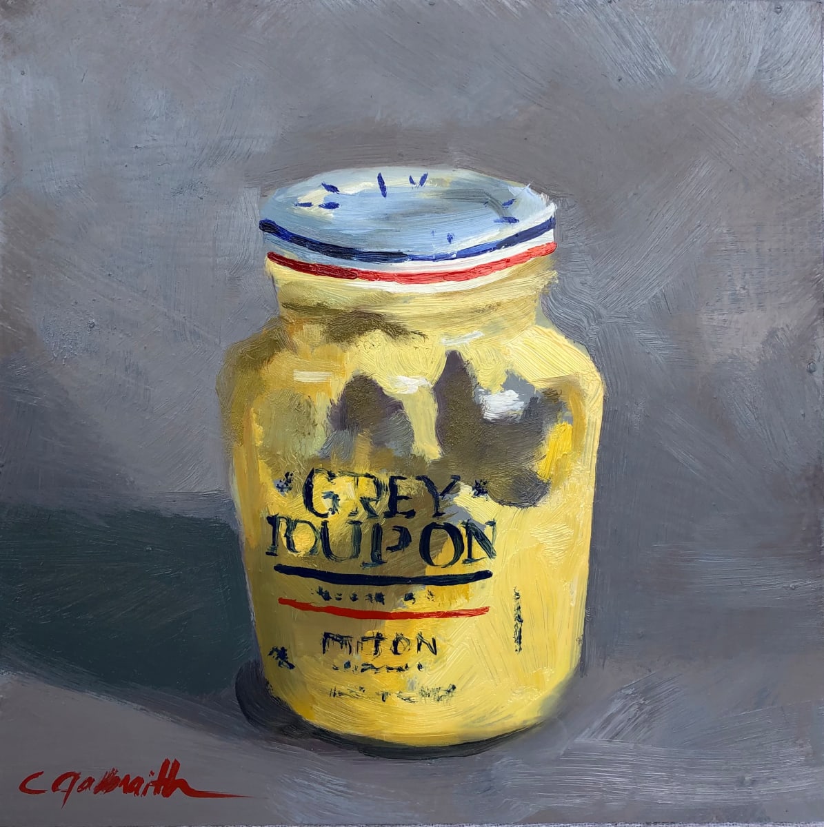 Please Pass the Grey Poupon  Image: It's a must in deviled eggs, delicious on grilled cheese with Worcestershire sauce, and of course, use it in honey mustard dressing. I love it and painting the half used jar was fun.  I put a light on it and you can see inside the jar where the mustard has been scooped out. 