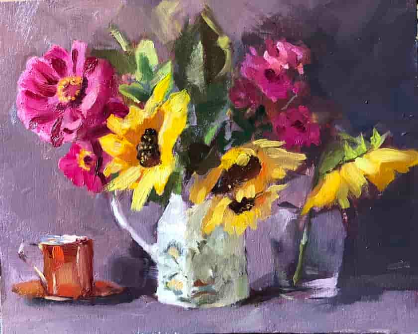 Happiness Is .....  Image: Bright, cheery, zinnias and sunflowers, stuffed into a ceramic pitcher. 
