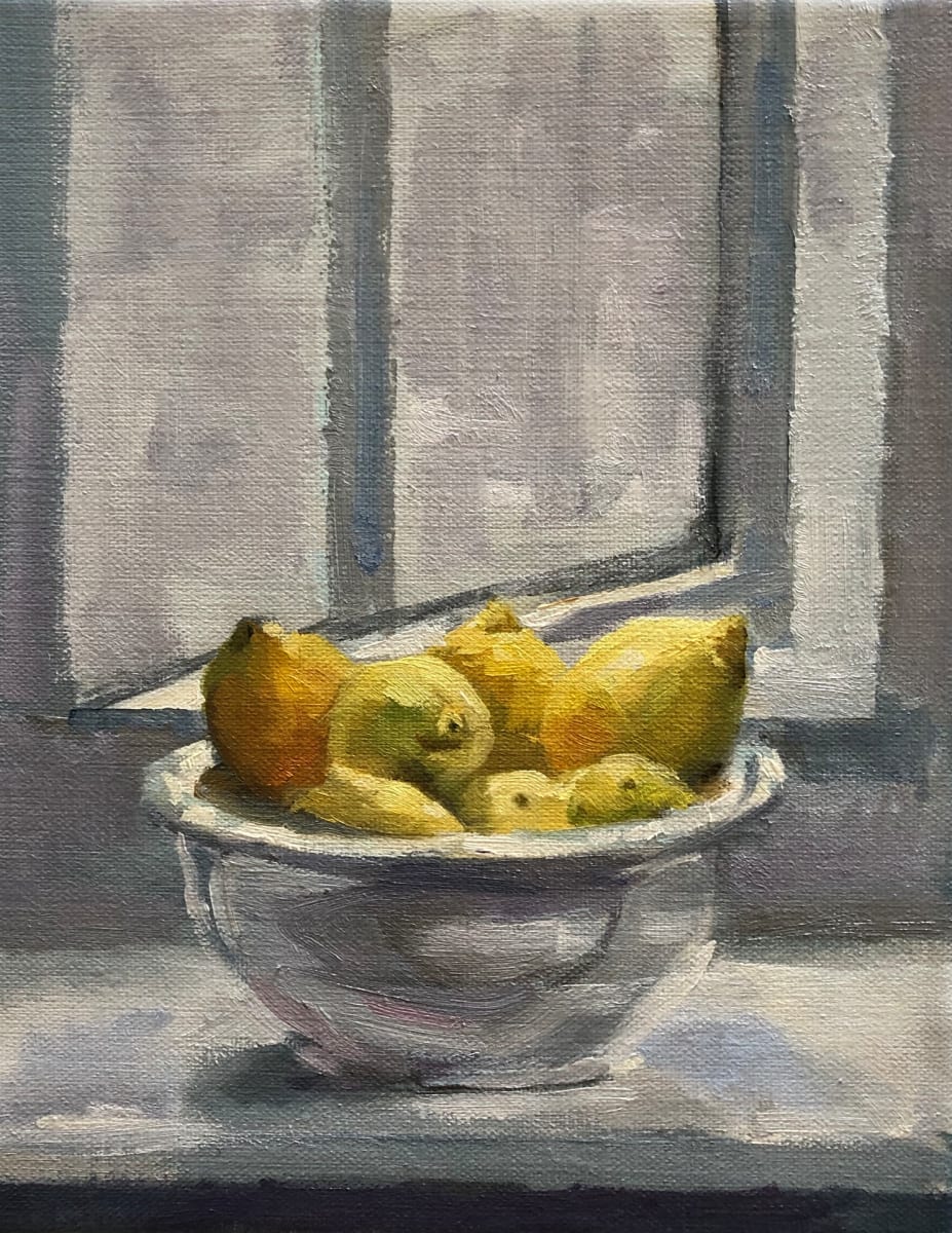 In the Window by Cary Galbraith  Image: A bowl of lemons on the window sill.  One of my favorite movies is "Atlantic City" with Burt Lancaster and Susan Sarandon.  This painting reminds me of the scene when her character is using the lemons to remove the fish smell after shucking clams. 