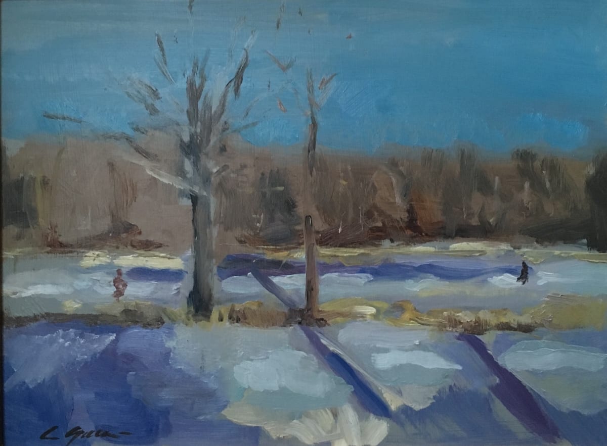 Kardon Park Winter by Cary Galbraith  Image: Looking out my window to the park across the street. The pond is frozen and a few folks are skating. Too cold to paint outside.