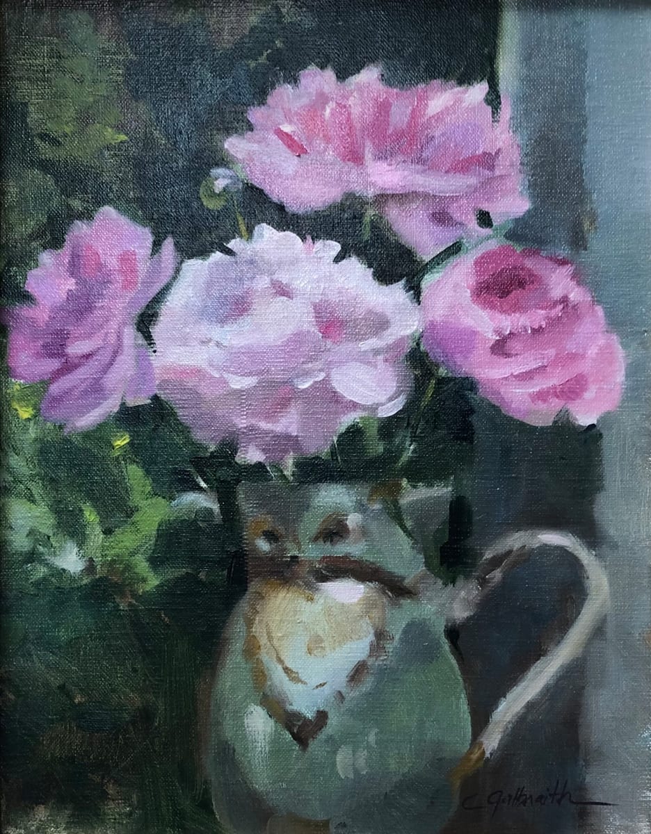 Peonies in Fox Pitcher by Cary Galbraith  Image: The pitcher is a ceramic fox. Painted outside on the deck this piece is framed in plein air gold leaf frame. These bushy blooms are from my garden. My pride and joy.