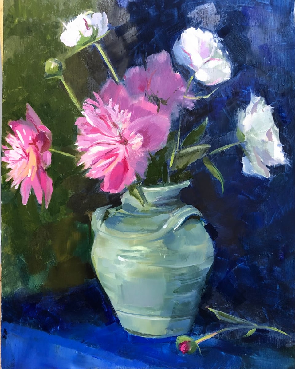 Peonies in Green Vase  Image: These beauties are from my garden.  What is not to love about these majestic blooms except of course the ants. They won't hurt you and they protect the peony blossoms from predatory insects. 