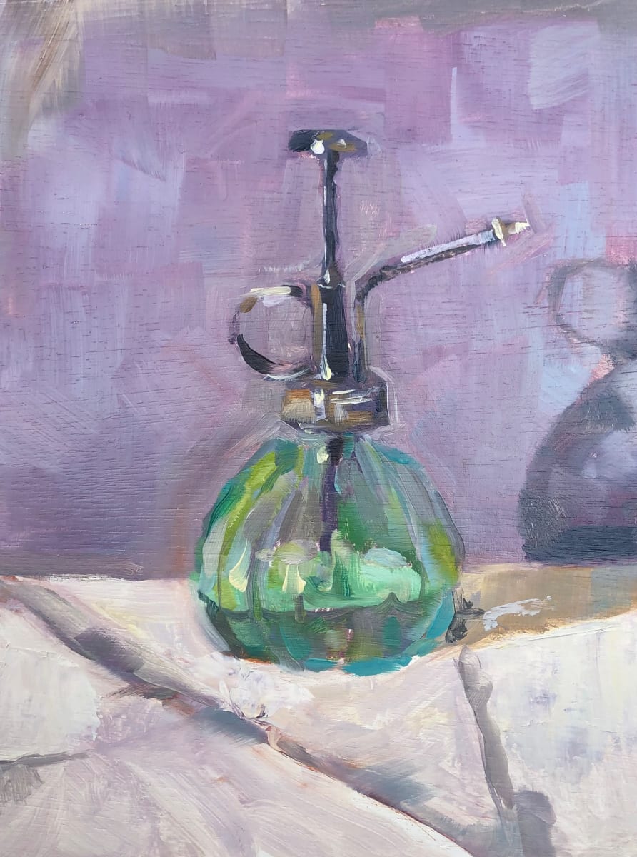 Purple Plant Mister by Cary Galbraith  Image: Different backgrounds make for different paintings. This plant mister is a pleasure to paint. Here it is with a purple background.