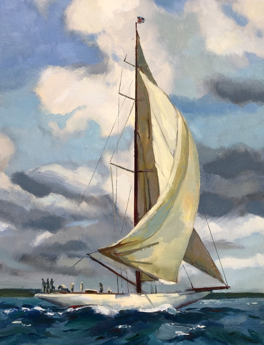Shamrock V by Cary Galbraith  Image: This is a legendary ocean racing yacht Launched in April 1930 at the Camper & Nicholson shipyard in Gosport. Shamrock V was the fifth yacht in which Sir Thomas Lipton attempted to win the America’s Cup, 31 years after his first attempt. The designer was Charles E. NIcholson, an icon of British yacht design. Shamrock V belonged to the J-Class, the most elegant class of boats to have participated in the America’s Cup.

She was 120 feet in length, her beam was 19 feet, 9 inches, her draft was 15 feet 6 inches and her sail area totaled 7, 540 sq ft.