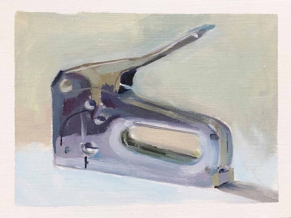 Staple Gun  Image: Chrome is shown here with paint. The item is not purple and cool greenish blue, it is reflecting those colors that surround it. 