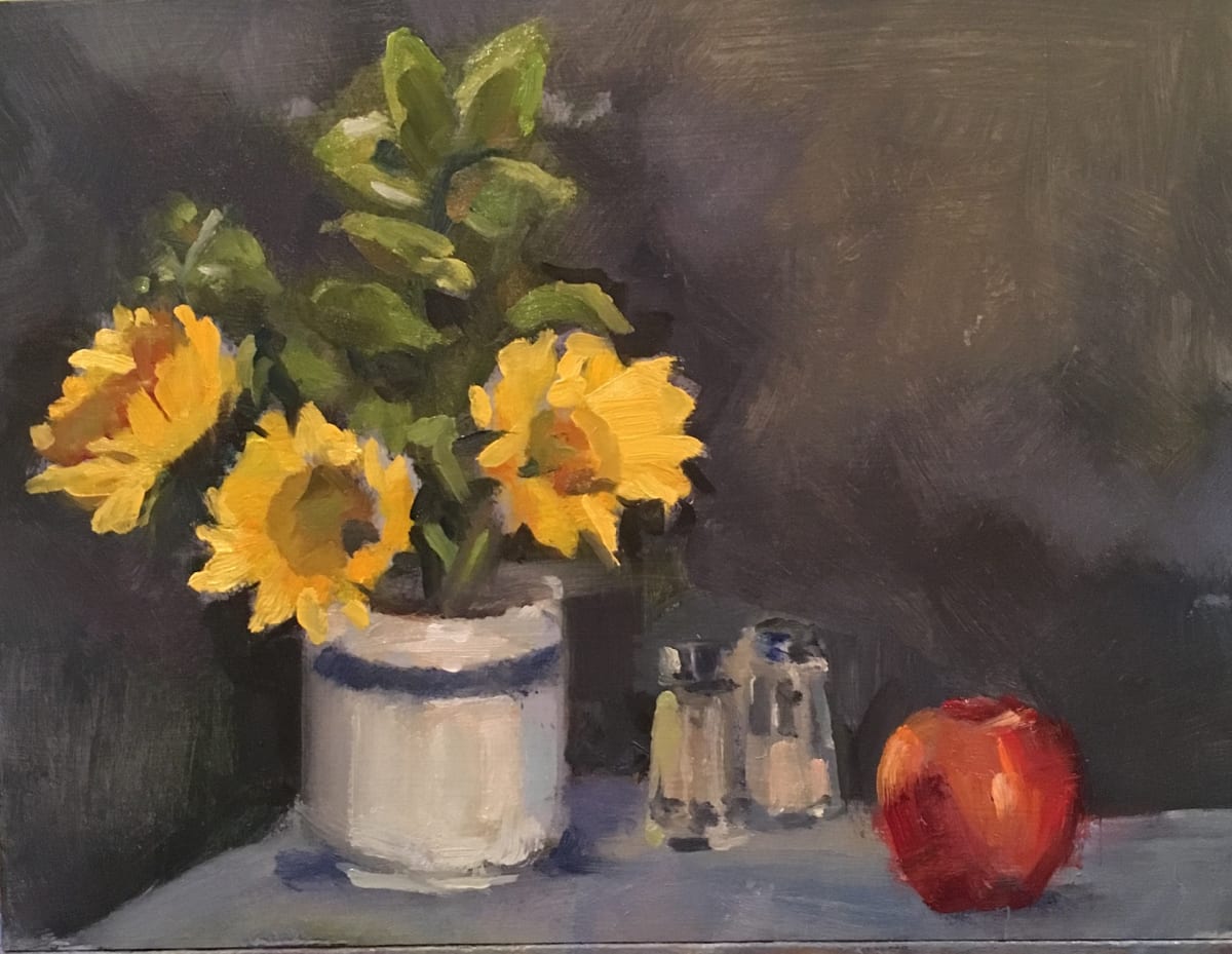 Sunflowers in Stoneware by Cary Galbraith  Image: Along with a red delicious and salt and pepper. Random items sitting pretty. 