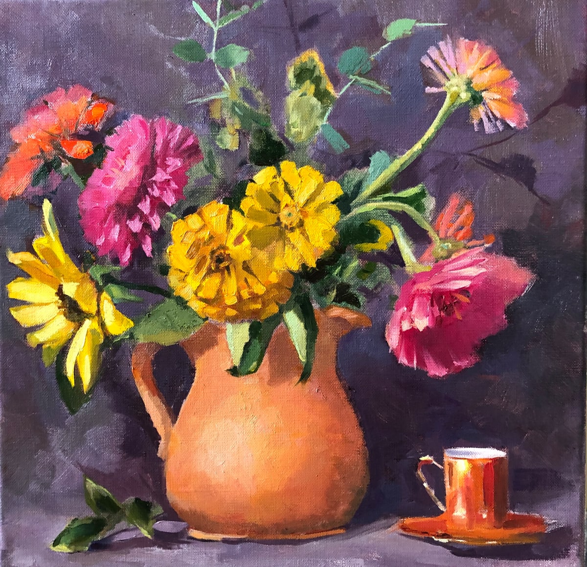 Cut & Come Again by Cary Galbraith  Image: Colorful floral mix in terra cotta pitcher.