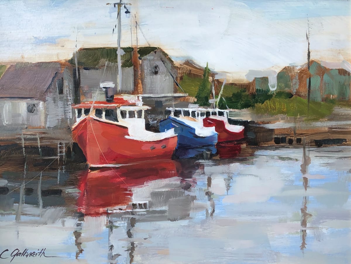 Three Sisters  Image: A grey still morning in Nova Scotia at Peggy’s Cove. These lobster boats are ready to go out however there is no one around.