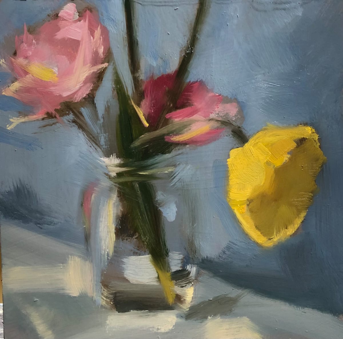 Tulips  Image: Quick study, tulips in glass jar, on 6x6 board