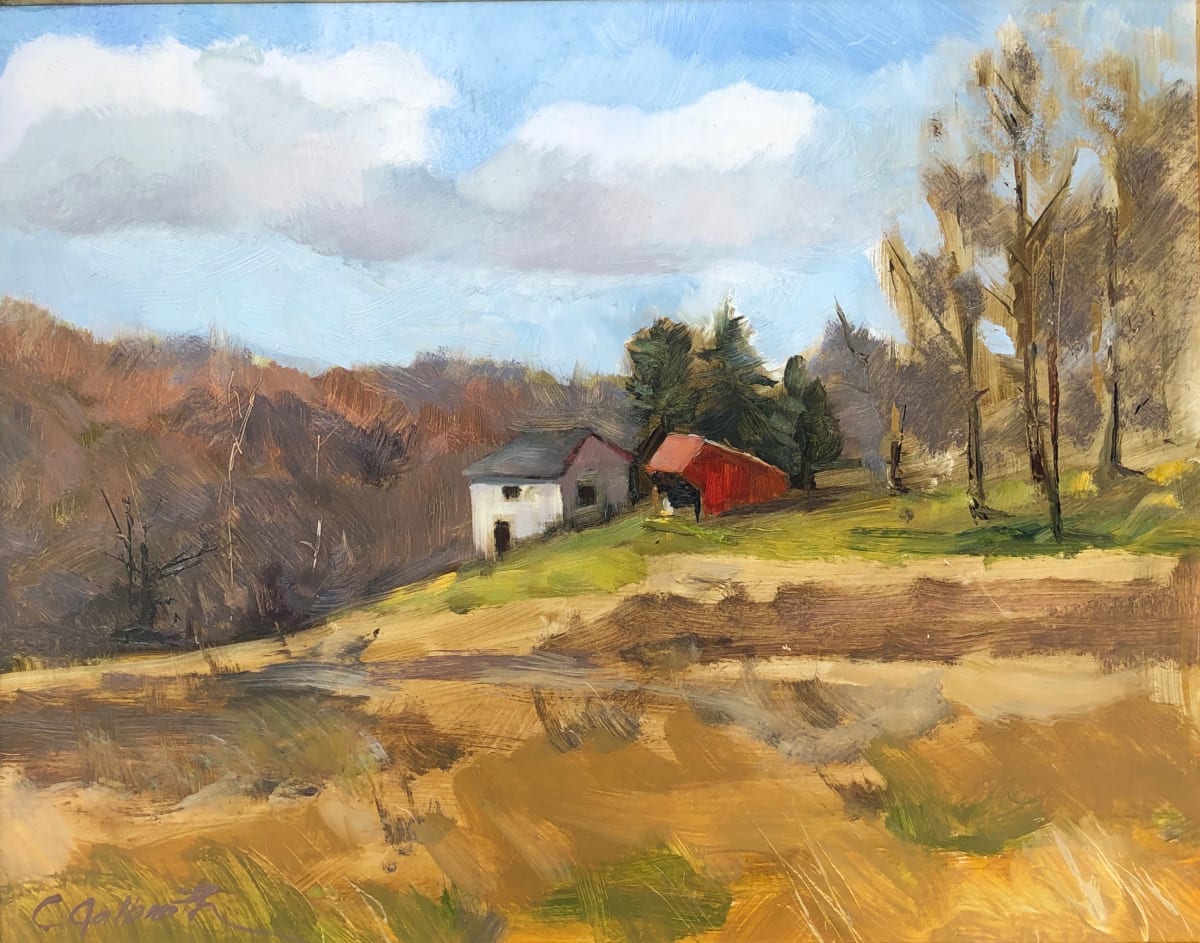 Warm Day in March  Image: March can be bitter cold here in Pennsylvania however when you get a nice warm day it’s time to pack up the paints and get outside.  So out we went, driving around in search of something to paint. Believe it or not I’ve spent more time driving around than actually painting and that’s including setting up the easel and palette and taking it down. That is where the spontaneity comes from while plein air painting because you never know what you’ll get.