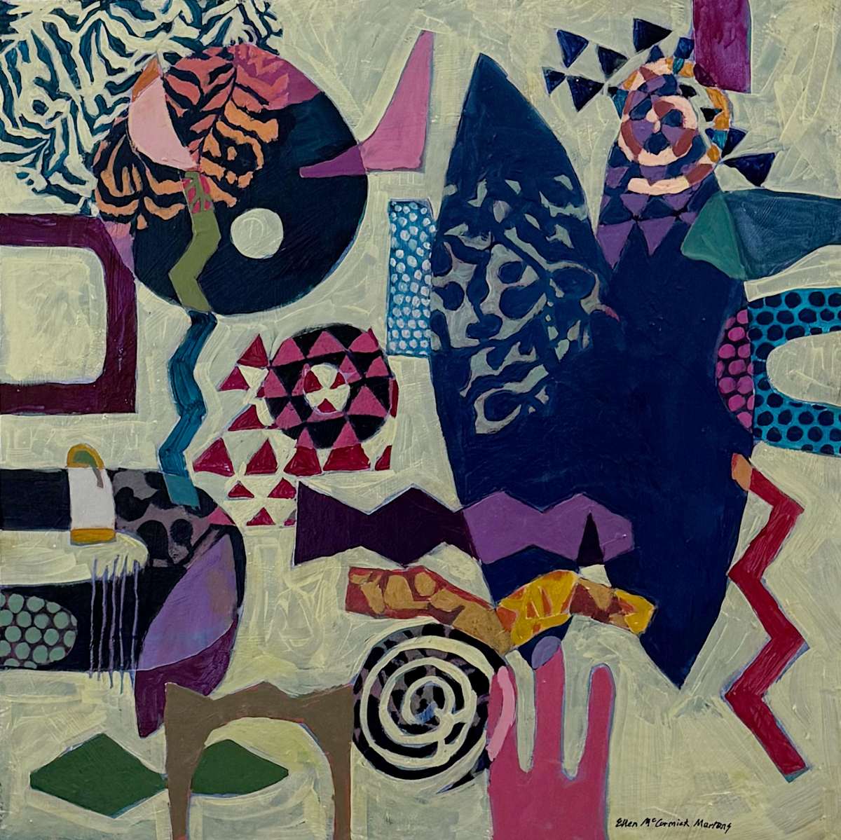 Celestial Dialogue by Ellen McCormick Martens  Image: Acrylic and collage on cradled wood panel, 24x24", 2025