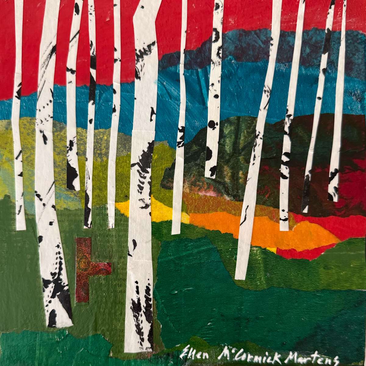 Birch / Beith by Ellen McCormick Martens  Image: Small acrylic and collage painting of a birch grove, with the Ogham Tree Alphabet character Beith tucked into the green foreground.