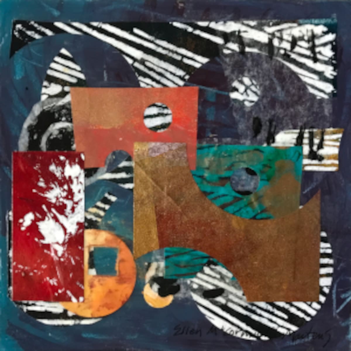 Wheels Within Wheels I by Ellen McCormick Martens  Image: Wheels Within Wheels I acrylic and collage painting on flat wood panel