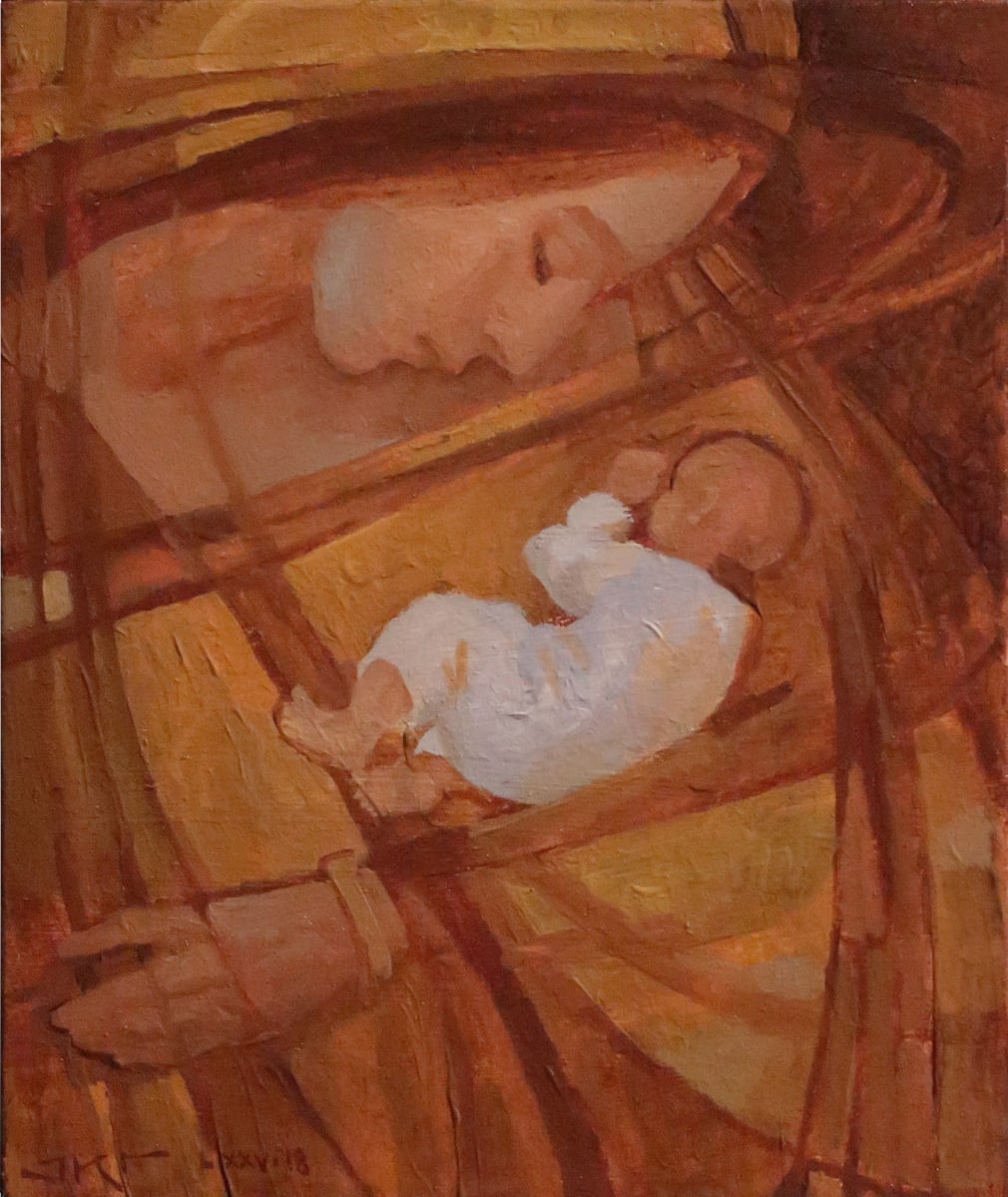 Mother and Child by J. Kirk Richards  Image: Mother and Child in orange tones. 
Daily painting 97, 2018. 