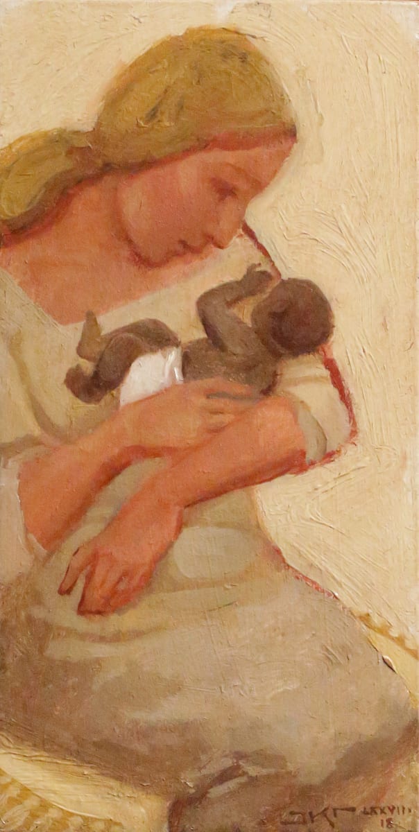 Mother and Child, Blonde and Brown by J. Kirk Richards  Image: Mother and her baby embrace. 
Daily Painting 96, 2018. 