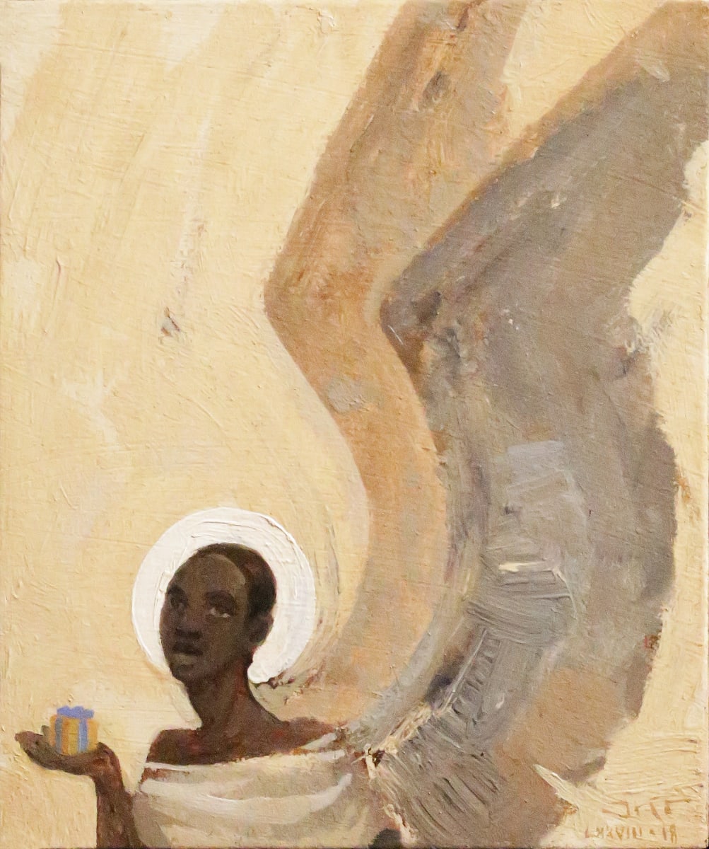 Angel with a Gift by J. Kirk Richards  Image: Angel holding a small gift. 
Daily Painting 90, 2018. 