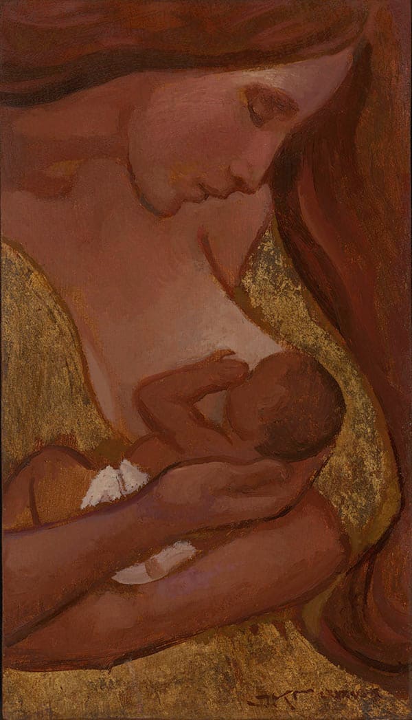 Nursing Mother in Gold by J. Kirk Richards  Image: Mother and baby nursing. 
Daily painting 55, 2018. 