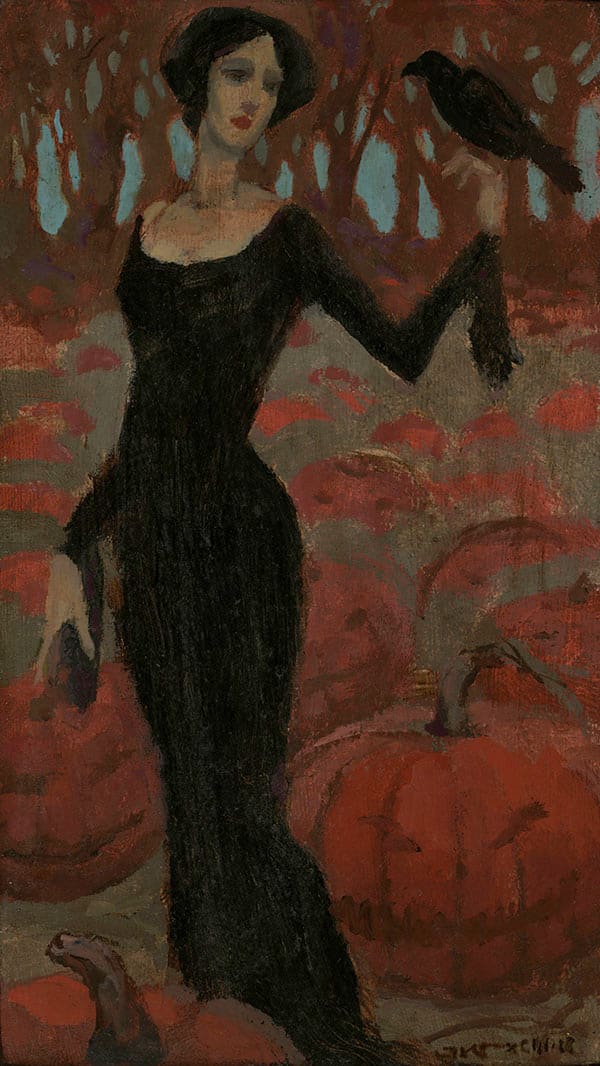 Pumpkin Garden by J. Kirk Richards  Image: Daily painting 64, 2018. A spooky woman stands in a halloween field. 