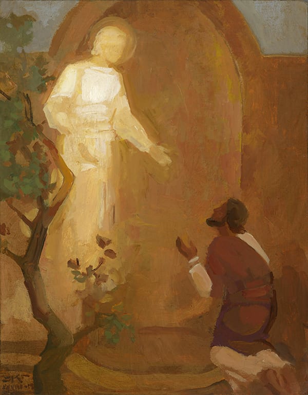 Annunciation to Joseph by J. Kirk Richards  Image: An angel announces the divinity of Mary's pregnancy to Joseph. 