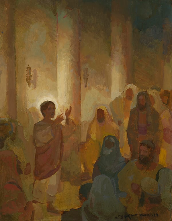 Jesus Among the Doctors by J. Kirk Richards  Image: A young Jesus teaches in the temple. 