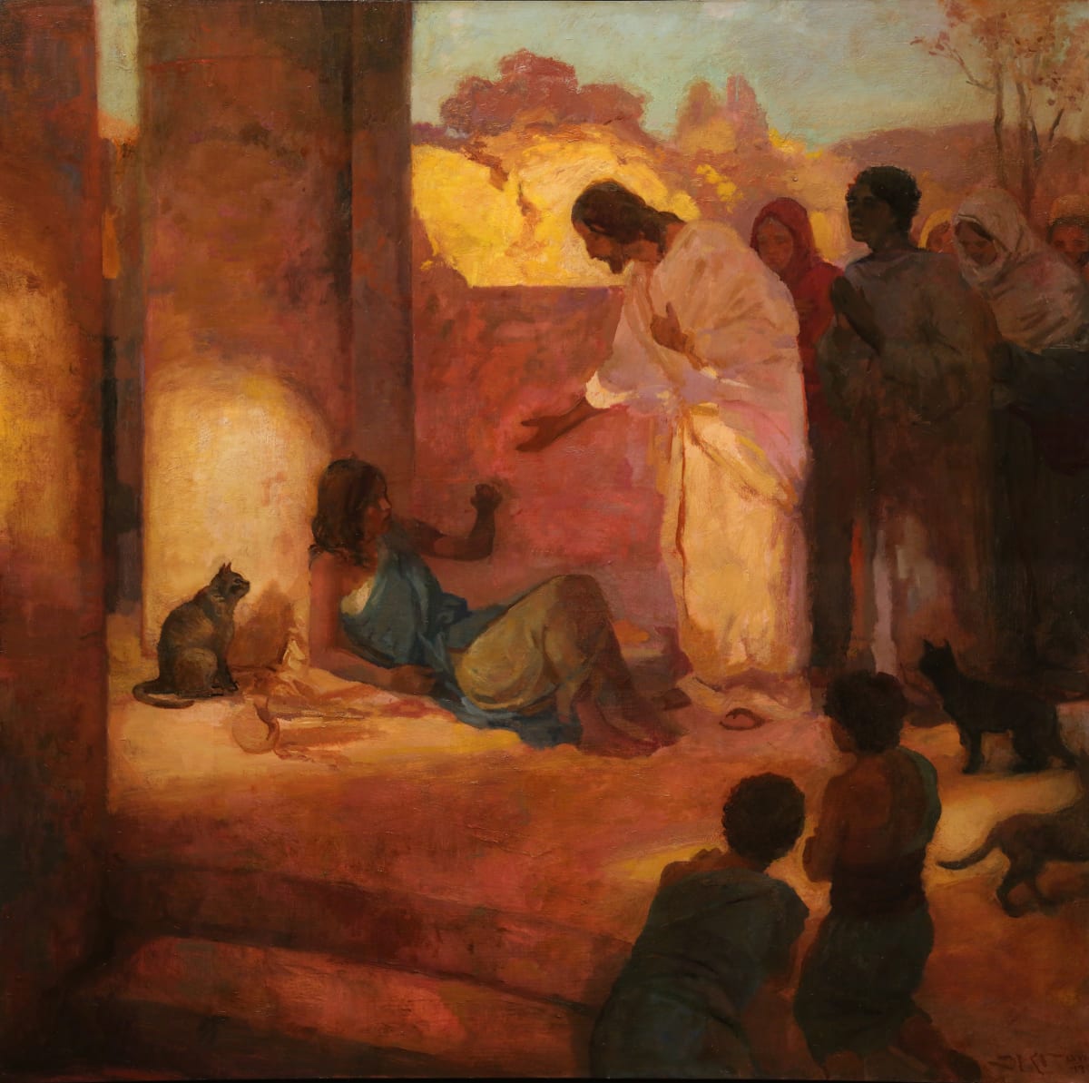 Ye Took Me In by J. Kirk Richards  Image: The Savior lifts a woman from the ground. 
Matthew 25:35-46 