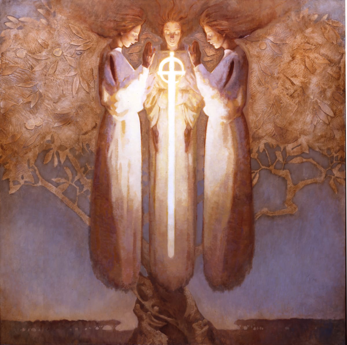 Cherubim with a Flaming Sword II by J. Kirk Richards  Image: Three angels guard the Tree of Eternal Life 