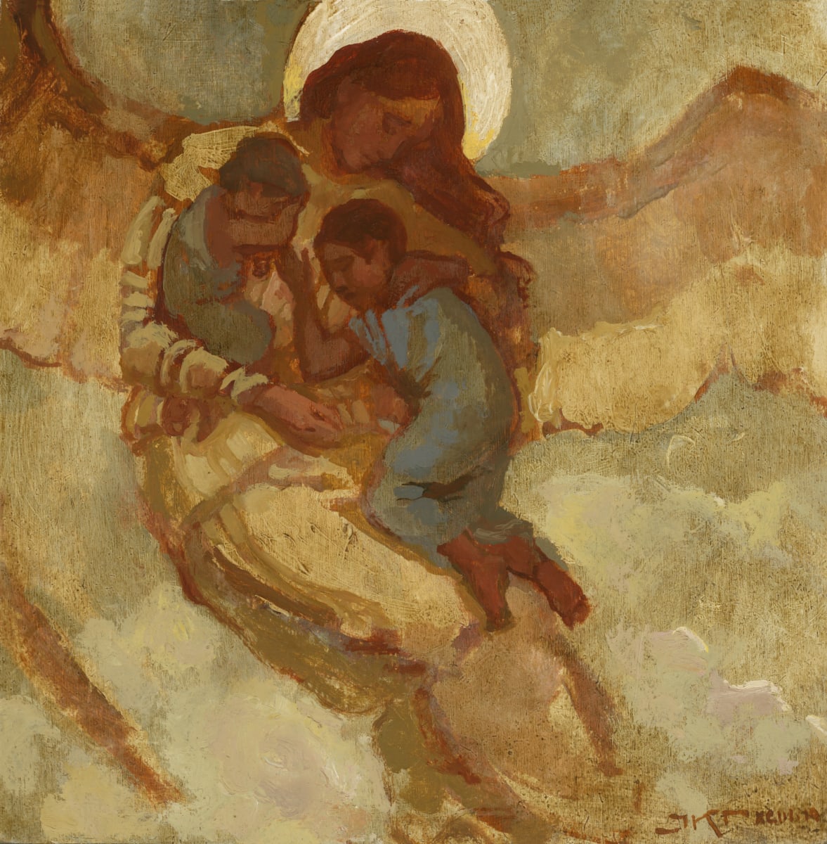 Carried by J. Kirk Richards  Image: Daily Painting #20, 2019. An angel carries two little boys. 