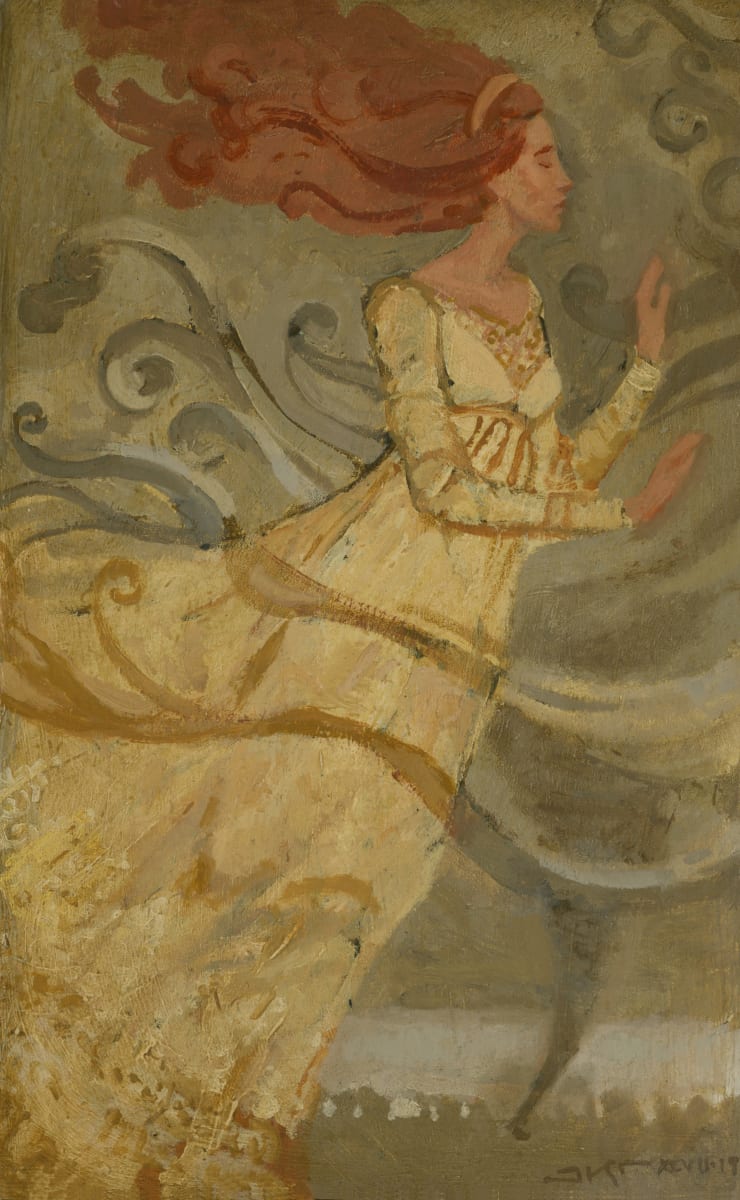 Leaning Into the Wind by J. Kirk Richards  Image: A woman leans into the winds of a storm. 