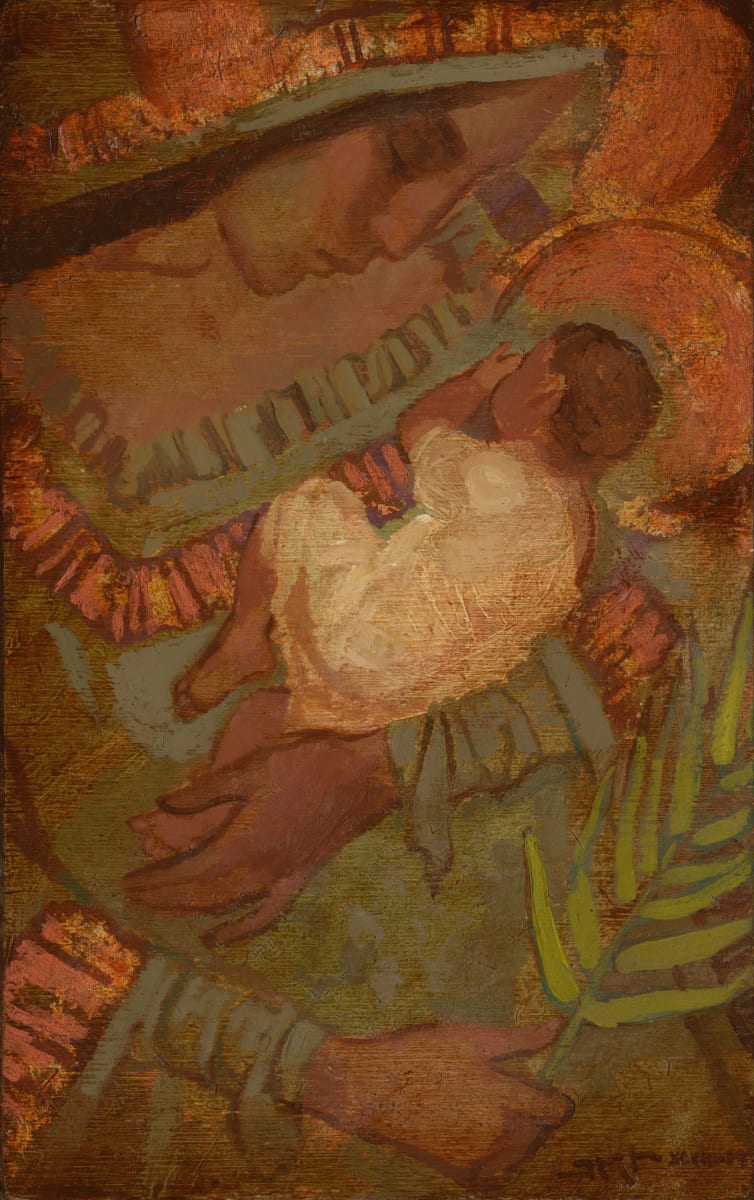 Mother and Child with Palm Leaves by J. Kirk Richards  Image: Mother in green with baby in cream. 