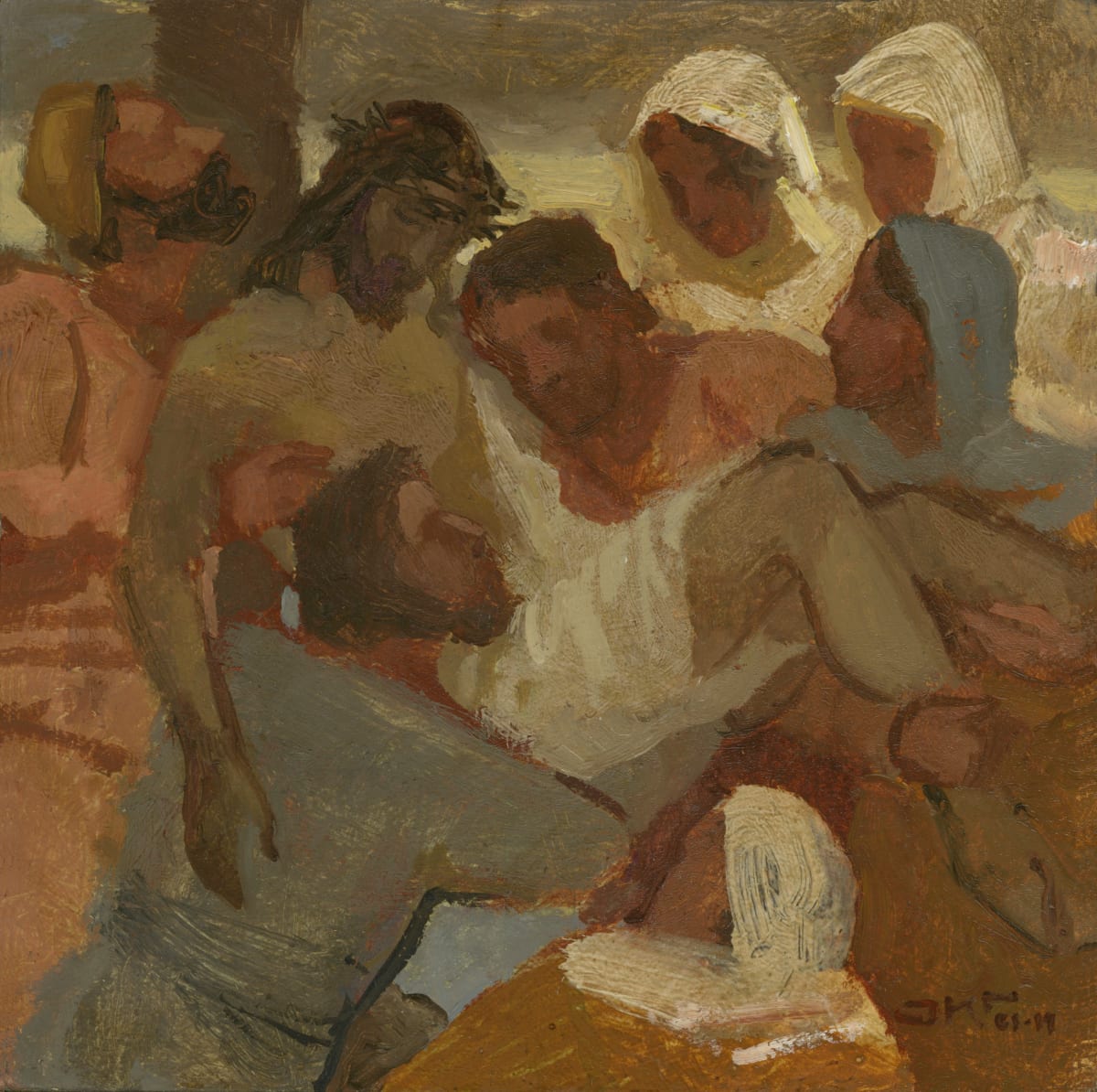 Descent from the Cross by J. Kirk Richards  Image: Christ's followers bring him down from the cross following the crucifixion. 