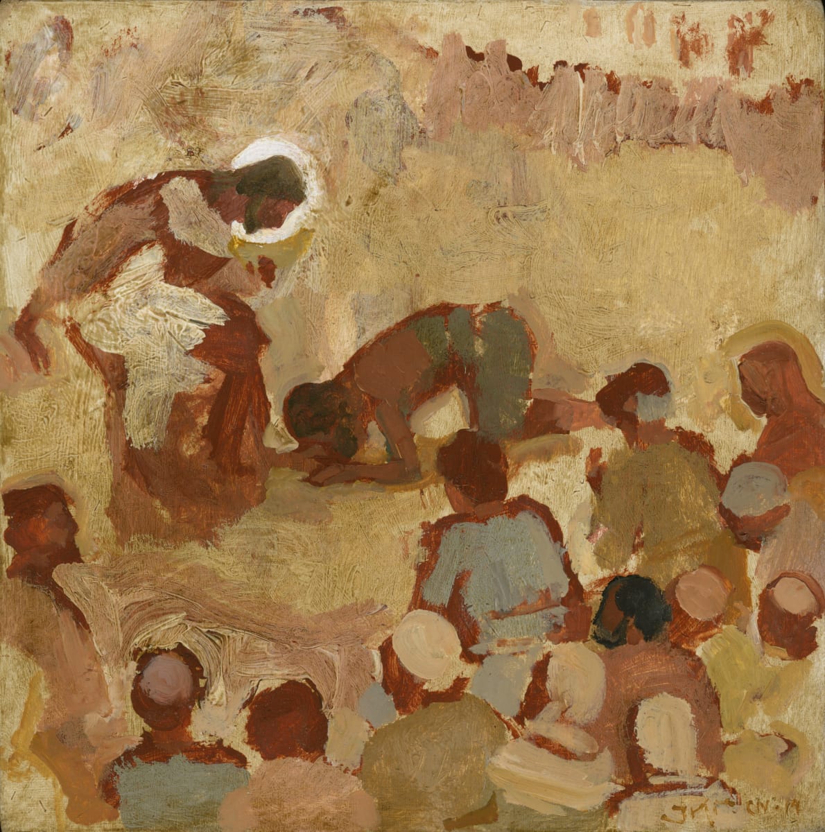 One of them Turned Back, Giving Him Thanks by J. Kirk Richards  Image: One of the healed lepers returns to kiss the Saviors feet. Luke 17:12-19
